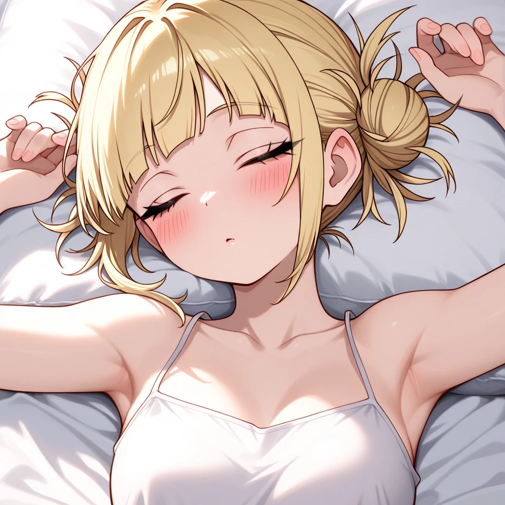 gorgeous lips, (masterpiece), (best quality), (ultra-detailed), very aesthetic, perfect composition, intricate details, absurdres, detailed face, (anime, masterpiece, intricate:1.3), (best quality, hires textures, high detail:1.2), zashiki-warashi, torn clothes, expressionless, childhood, looking_at_viewer, blush, open_mouth, bangs, navel, hetero, lying, one_eye_closed, teeth, solo_focus, tongue, tears, on_back, armpits, clothes_lift, arms_up, bottomless, bed_sheet, pov, shirt_lift, trembling, camisole, tearing_up, (1boy, male, out-of-frame_censoring, implied_sex, tickling), shiny skin, (adult)
