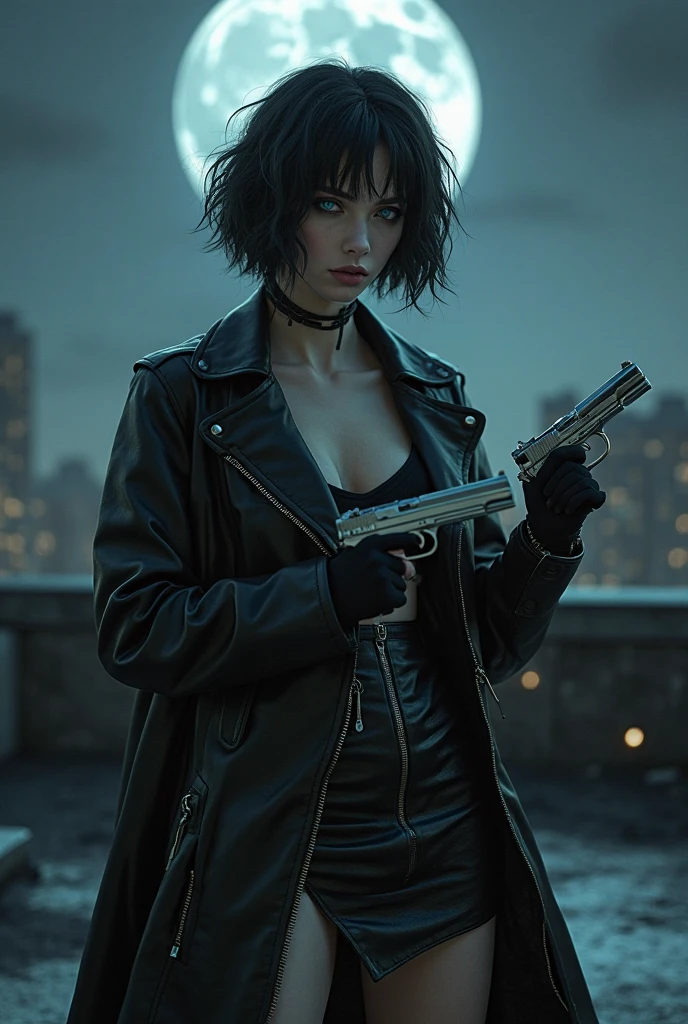 (Wide angle view). Blade Runner style futuristic city, simple outlined transparent neon tall buildings, glowing giant clock tower, flying cars, helicopter, lightning, 3D rendering Beeple. At night, (1girl, solo, alone), photorealistic, medium-breast slim:0.6 body, oval:0.6 face, cleavage:1.1, sexy black laced bra, glove, deep-V, (very low angle view of miniskirt), white laced panty, coat, (Matrix style black micro sunglasses), ((aiming viewer with a short gun)), (running pose), (half-body thigh level close-up shot), cinematic lighting, ray tracing.