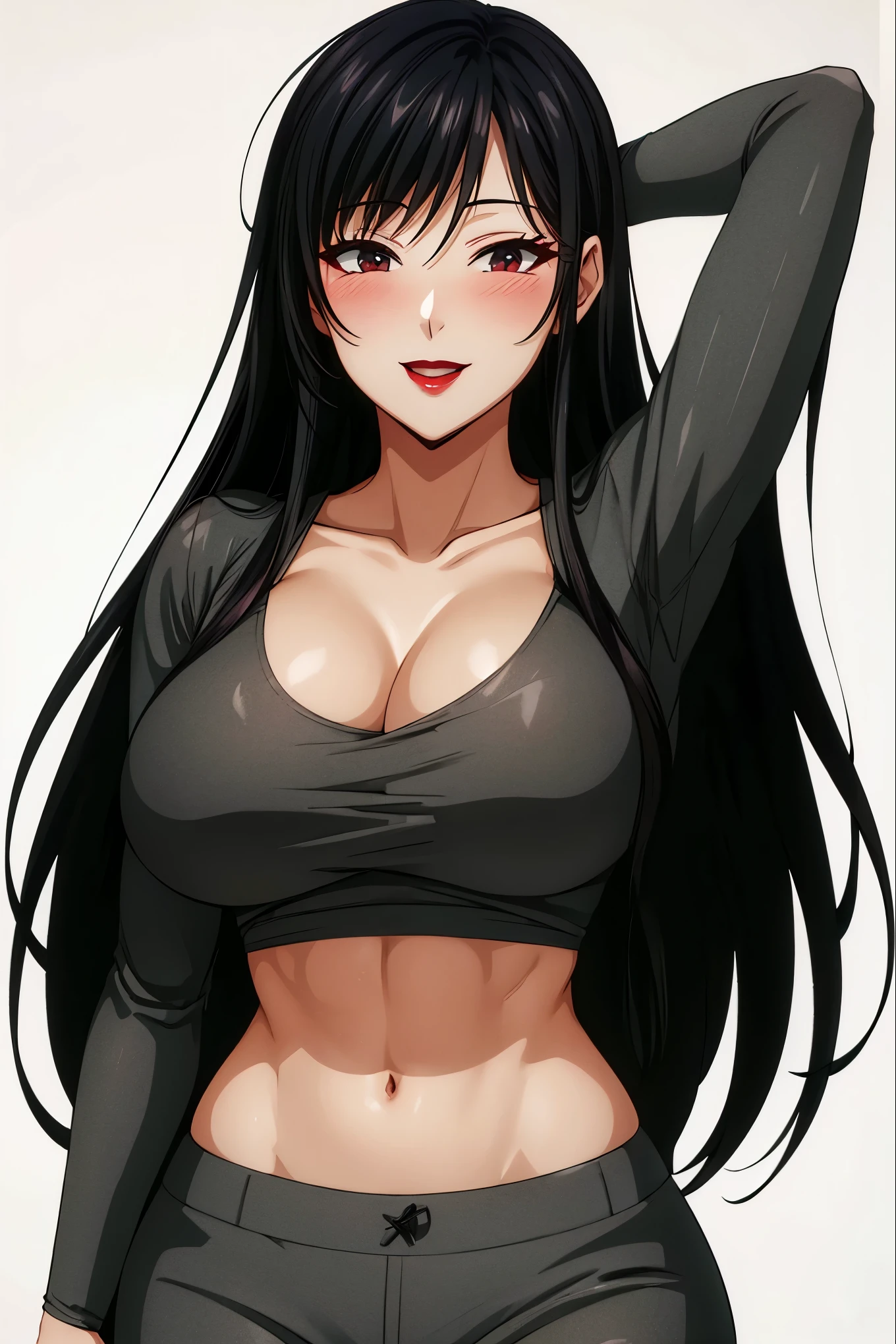(best quality, masterpiece:1.2), Sketch full view of a hot looking fair skin 28 year old woman standing in front of us. She has red eyes and long black hair. She is very strong looking, and is flexing her muscles.She has big breasts, playful smile. She has a nice curvy physique. She is wearing a orange crop top with a tag with numbrs on it. and black leather pants. Underboob showing. cell background. background. Shading. Lighting. Dynamic pose.