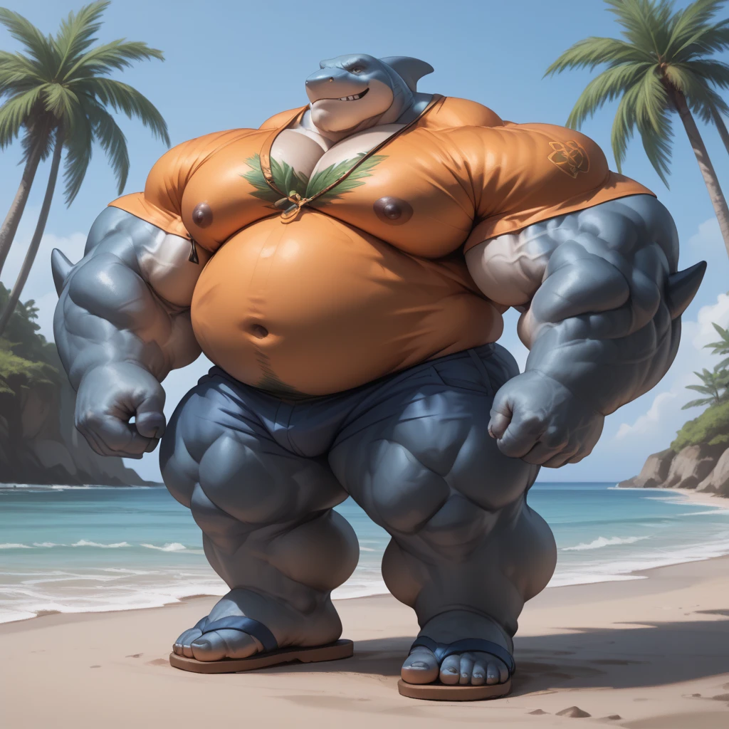 Big buff embarrassed blue cartoon dragon with a humongous ginormously oversized inflated beige stomach, high blue, white eyes with black pupils, big oversized bellybutton, light blue back, lifeguard tank top overhanging on top of his huge stomach, green necklace with dragon tooth, shocked look on his face, high pink blush, spiky red mohawk hairline, red arm necklace, huge ginormous muscular build with gigantic nipples, body hair across his chest and oversized stomach, water droplets all over his muscular body, one hand holding his giganticly oversized stomach, red lifeguard shorts, sandals, standing on a beach resort in a ready to fart position and farting out a huge enormous light green toxic gas cloud coming out of his butthole behind him