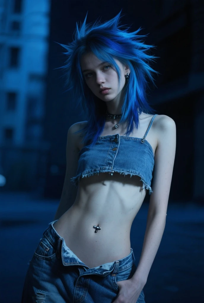purpleとyellowで構成された絵画最高品質, High resolution,(A frame made of chains and ruins),pretty girl、Small eyes、（Flat Chest）, ((Odd colored hair,green,purple,yellow)), beautiful、、Tattered denim pants、Tattered black tank top、Circus、Collar with a large chain、Clown、(He is pointing a bloody knife at the camera)、Bold Pose

