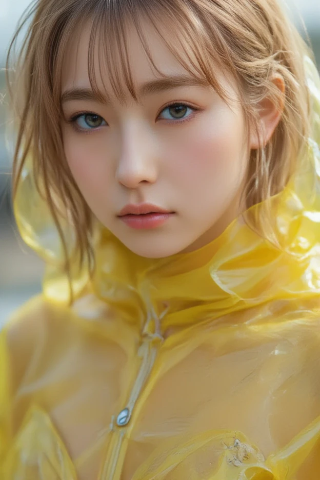 masterpiece, masterpiece_portrait, distinct, distinct_image, highres, high_resolution, high_quality, high_quality_anime, super_detail, hyper_detail, 1girl, small_face, curly_hair, wavy_hair, long_hair, messy_hair, long_eyelashes, female, slender, glamorous, thick_abs, thinwaist, gigantic_breasts, thin_thighs, slender_leg, cleavage_cutout, center_opening, gloves, socks, squatting, (Cute raincoat:1.3), (rainy background:1.3), striped underwear, She has water on her body, (wet hair:1.3), (blonde hair:1.3),