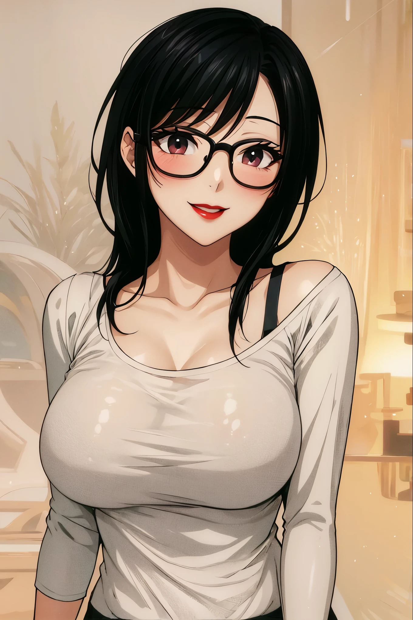 1 milf,long black hair, very big breasts, very blushing, smiling, very horny, sexy body, red lips, 4K quality, sixpack