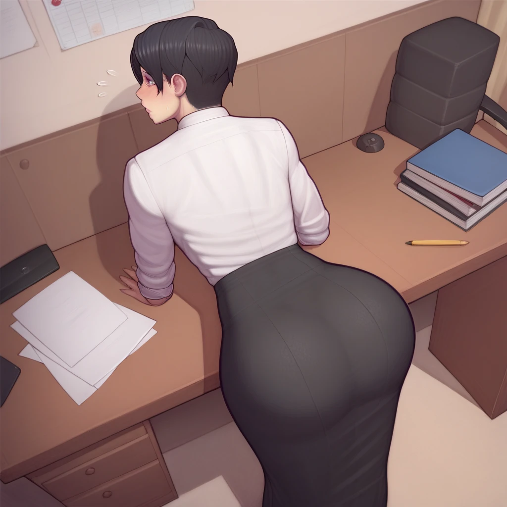 (Masterpiece) best quality, 1girl, 1boy, girl has long black hair, boy has short hair, girl bent over the table, (((boy's penis is inside of the vagina))), girl looking back at the boy, boy tugging her hair, they have sex
