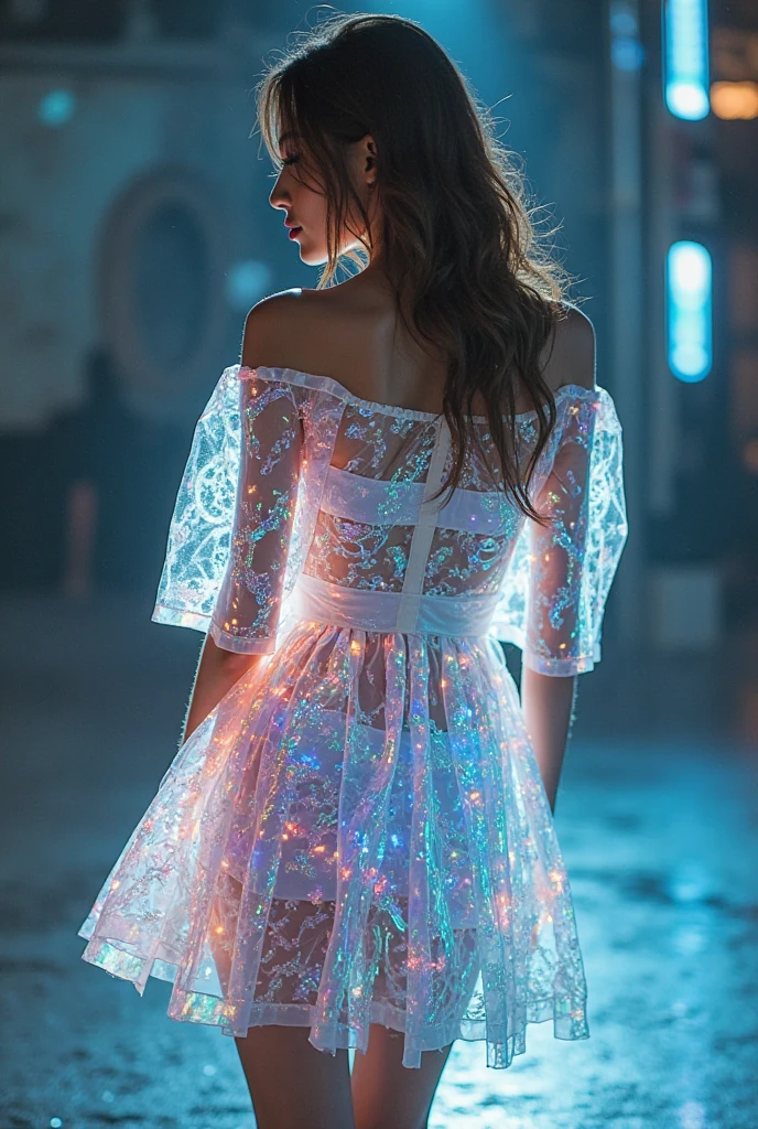very very very sexy girl, brunette hair, parted hair style, 18 years old, wearing a colourful long summer dress, night time vibes, out side, stars showing, basketball court background, standing under street light,
