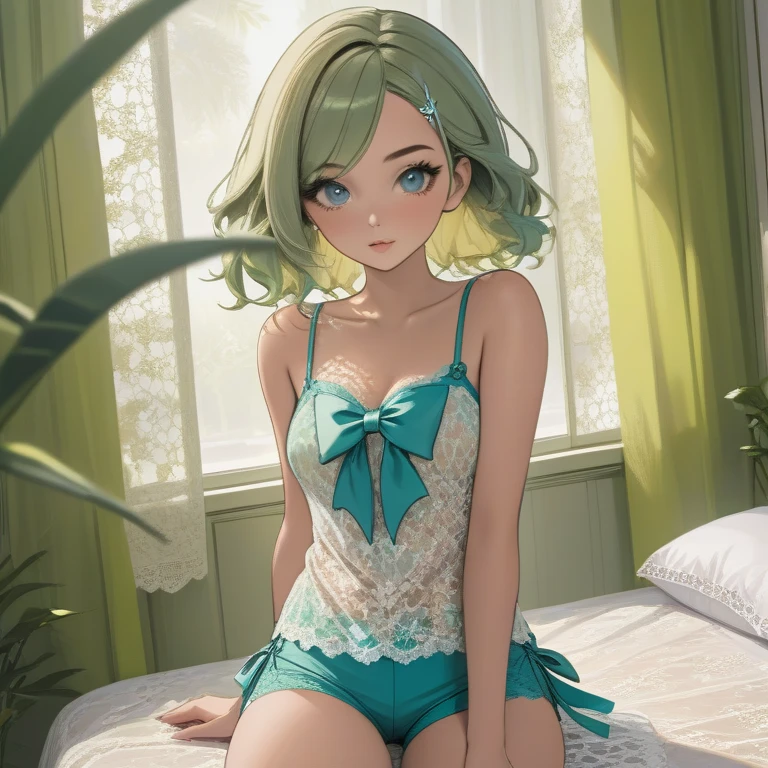 masterpiece, beautiful illustrations, highest quality, pretty girl, 1girl, Bedroom, pastel colour, (two-separated lingerie), cute lingerie, (Spring Green bob cut), bright lighting, sky-blue eyes