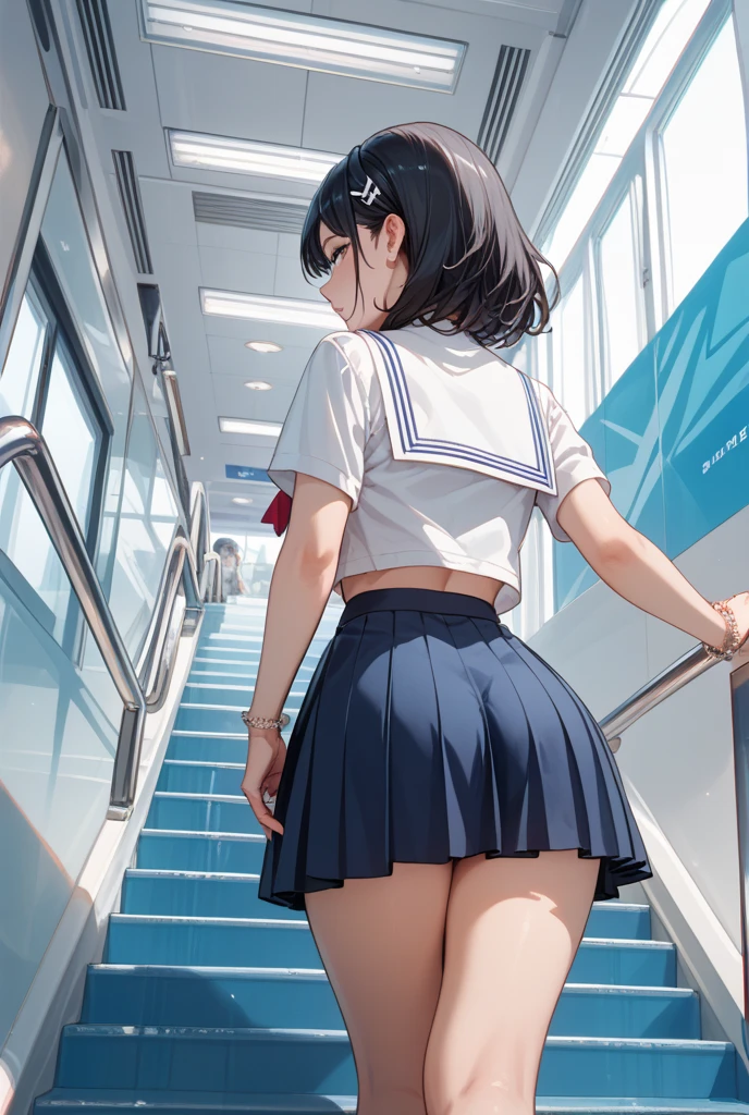 very cute and beautiful girl,(highly detailed beautiful face),(shy smile:1.2),blush,looking at viewer,
black hair,serafuku,(pleated navyblue mini skirt),standing,exposing thighs,holding school bag,
(looking back,from behind),(ascending escalator,from below:1.2),station,building,
(best quality,masterpiece),absurdres,highres,ultra-detailed,extremely detailed,32k,8k resolution,
intricate details,cinematic scene,detailed background,solo,dynamic angle,realistic,