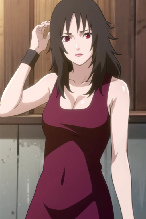 1girl, female gojo satoru, anime screencap from jujutsu kaisen, gojo satoru female version, solo, long_hair, Red eyes ((Black_hair)), night view, (hanging breasts) upper_body, smile, indoors, book, red_eyes, lips, (high ponytail) ((wearing red crop top)) breast, "very detailed and high resolution" (Red eyes) (cross arms) ((long hair)) ((solo)) (front view) (earings) ((high resolution)) ((good quality)) ((side bangs))