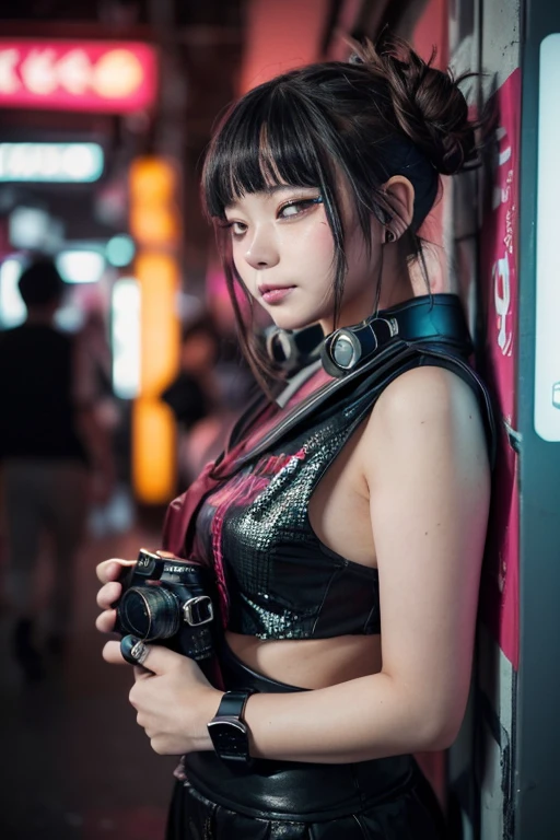 Anime girl wearing oni mask in neon style