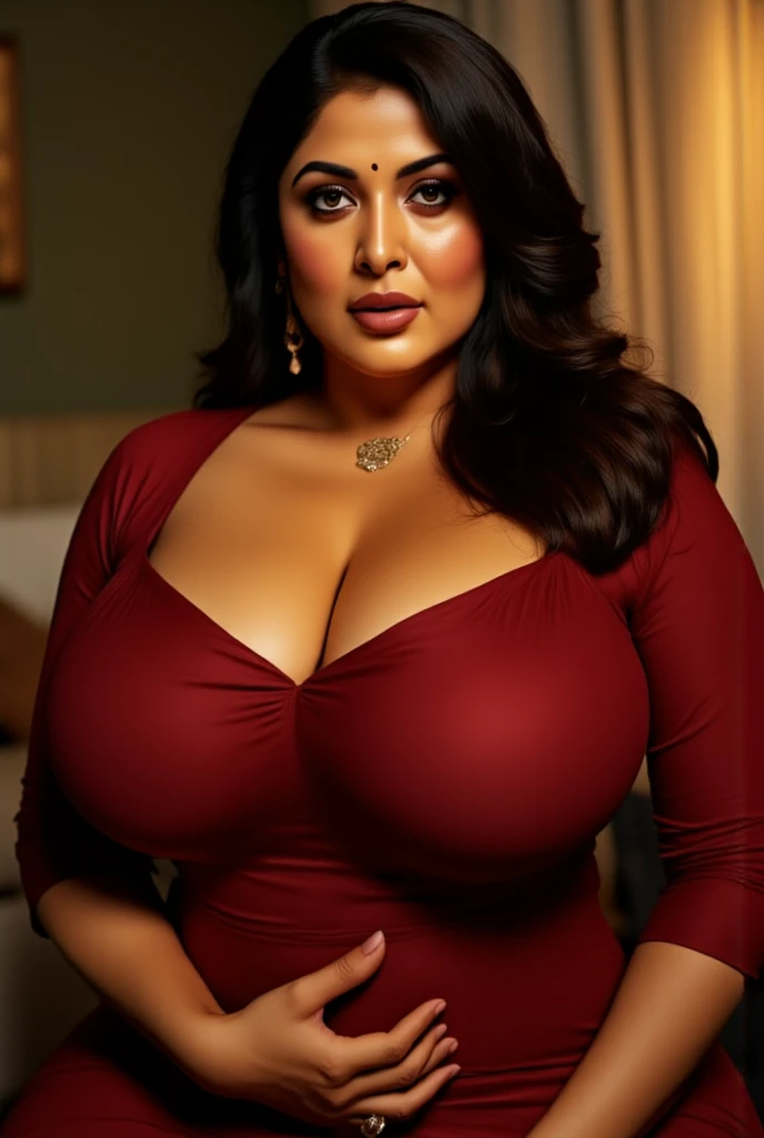 Vidya Balan Sultry Plus size exhibitionist amorous lady with huge breasts Bashful liquid glossy satin: Visualize a steamy scene where a woman wears a flowing, glossy satin dress with an ultra deep V neck, revealing her enticing cleavage. The fabric clings to her curves, highlighting her sensuality