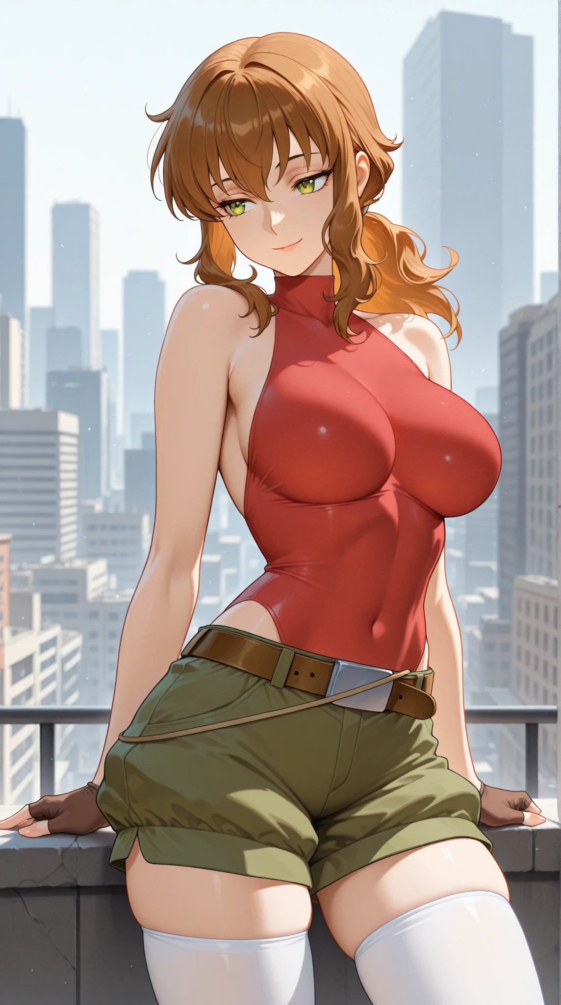 brigitte overwatch , thighs, full body, black high heels, nude tits, sitting, red jeans pants, wide hips, nude tits