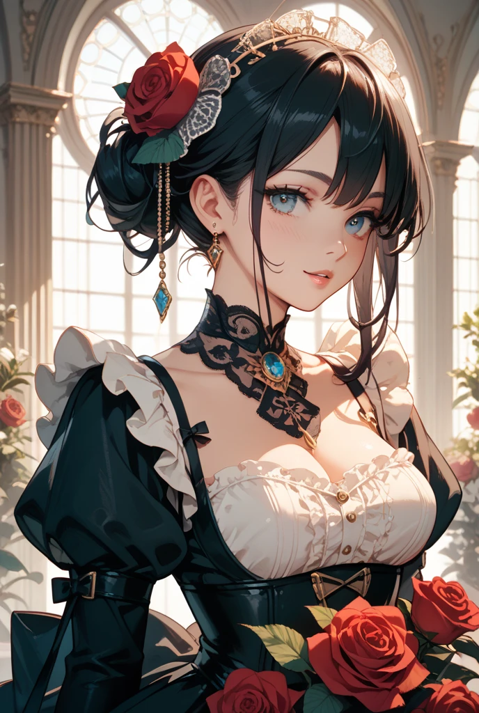 (1girl, yuri alpha:1.5), (anime overlord), (solo:1.4), (cool beauty), (64k, UHD, Raw photo, highes, Best Quality, mastepiece:2.0), (Ultra-fine depiction of details:3.0), (ultra-photo-realistic:3.0), (a serious, loyal, hard-working maid head, the vice-captain of the "Pleiades Six Stars", the battle maid squad of the Great Tomb of Nazarick), (a beautiful woman with an intelligent look), black hair, (elegant, vivid blue bowtie, ribbon:1.3), (green wristband), (She is equipped with highly elaborately designed, dark emerald green spiky gauntlets:1.5), (perfect face, perfect body, perfect figure, pink lips, slight blush), (cool, intellectual glasses), (gray, black eyes:1.3), (shiny sleek long hair, single hair bun, single braid bun:1.6), (high-quality, simple, maid dress:1.5), (vivid cerulean blue gothic style choker:1.3), (gigantic breasts:1.2), (sexy cleavage:1.1), inhouse, studying the orders issued by the master of [the Great Tomb of Nazarick, Ainz Ooal Gown], the room is filled with solemn atmosphere, ((long shot, full body shot)), (perfect lighting, effective front light and spot light:1.3,)