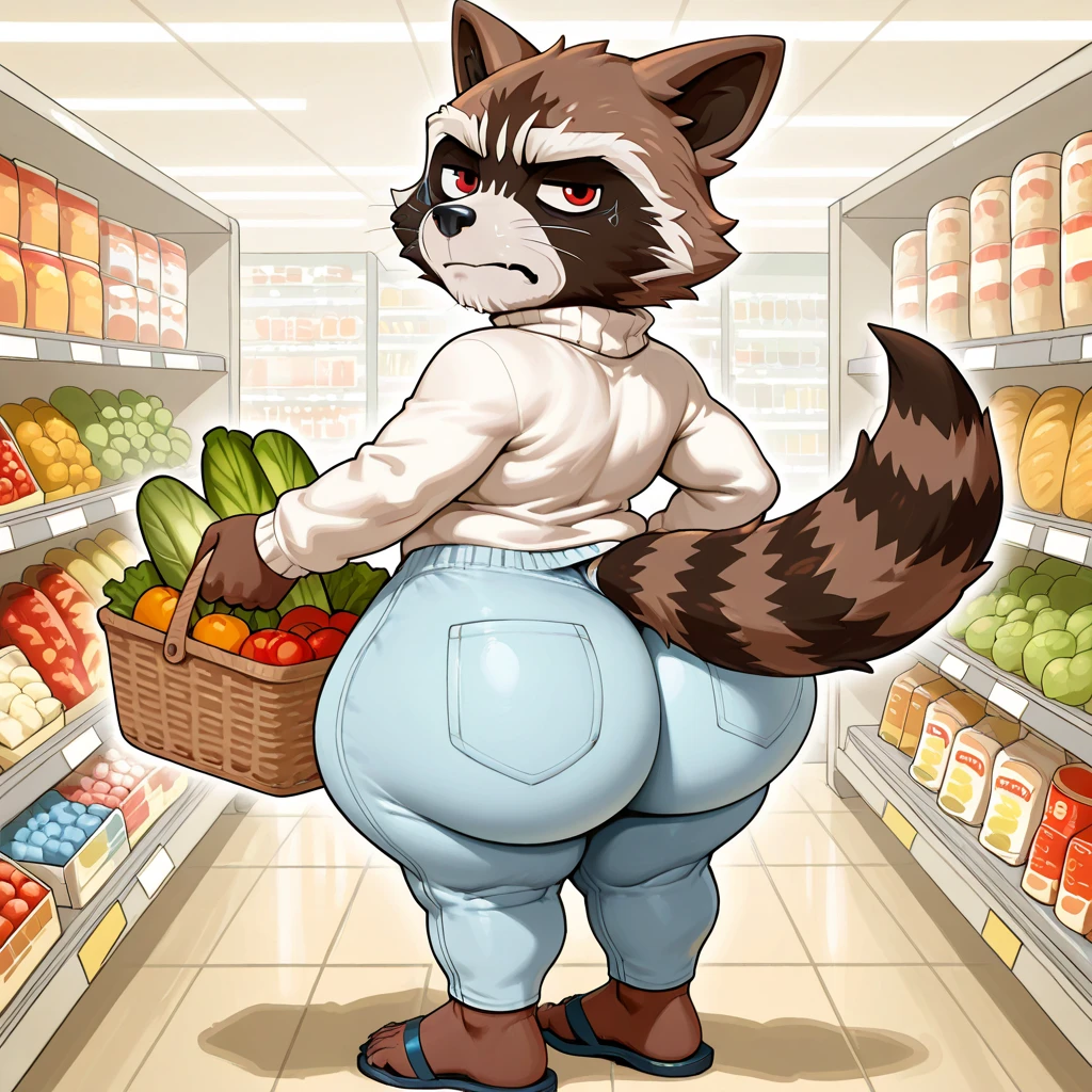 By bebebebebe, by lostgoose, by goonie-san, female, ((canine, snout, hair covering eyes, straight hair, medium hair, flat hair, ears, thin snout)), brown fur, (big poofy tail, raised tail), dark maroon hair, (muscular), (big breasts), solo, smiling, happy, green shirt, (vegetable market), standing, view from behind, plump butt, bottomless, bare butt