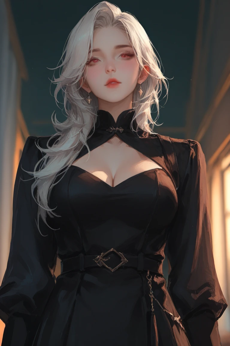 In a masterful display of artistic prowess, Lucifer from Helltaker emerges as the focal point of a hyper-realistic 8K human portrait. Clad in a formal suit featuring a striking red shirt, black pants, and a matching black necktie, she commands attention with her serene expression and captivating smile, her gaze fixed directly upon the viewer. She has the face of ((https://images.fineartamerica.com/images/artworkimages/mediumlarge/3/1-gorgeous-blonde-with-big-breasts-mihai-b.jpg)). Her eyes, almond-shaped and bewitching, mesmerize with their striking red crimson irises, framed by gracefully arched eyebrows and thick, voluminous lashes that curl upwards. Luxuriant waves of light-white hair cascade around her, catching the light in subtle platinum highlights, while her smooth, porcelain-like skin radiates a subtle glow, suggesting vitality and allure, an elegant mix of botanical and geometric patterns that enhance her already captivating presence. Her attire, a black dress and a choker around her neck, serves to underscore her beauty and sophistication. Standing tall and confident, Lucifer possesses very large bosoms, fitting into an I-sized cup, (mature female, milf:1.3). Rendered with meticulous attention to detail and realism, this portrait captures every nuance of Lucifer's appearance, from the delicate contours of her face to the subtle textures of her clothing and skin. Set against a deep matte black background, she stands as a timeless symbol of beauty and allure, her dynamic pose and perfect anatomy drawing the viewer into her world. This high-resolution masterpiece transcends mere artistry, offering a glimpse into the depths of Lucifer's character and personality. With its cinematic composition and meticulous attention to detail, a true masterpiece in every sense of the world. full body. large breasts, heavy makeup, detailed Tokyo street , smile, white hair, blush, eyeliner, white lips. thing waist (45 cm)