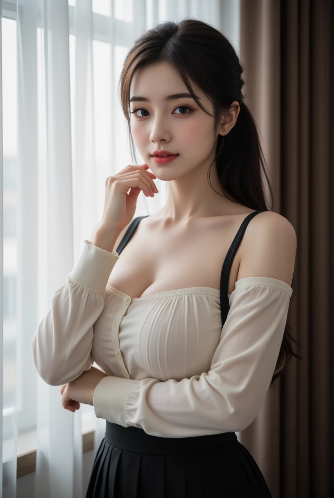 I am a 19 year old age girl, slightly large hips, long straight hair, ((hair detail)) (face detail), round face, smiling, masterpiece, high resolution, ((skin detail)), (face detail), (hair detail)), big boobs, innocent girl, Lolie, soft girl, beautiful breasts, pale skin, realistic lighting, (((Off-the-shoulder clothing))), (casual wear), cute hair accesories, show cleavage, (wearing a oversize tshirt), Ultra HD, ultra realistic, FHD,