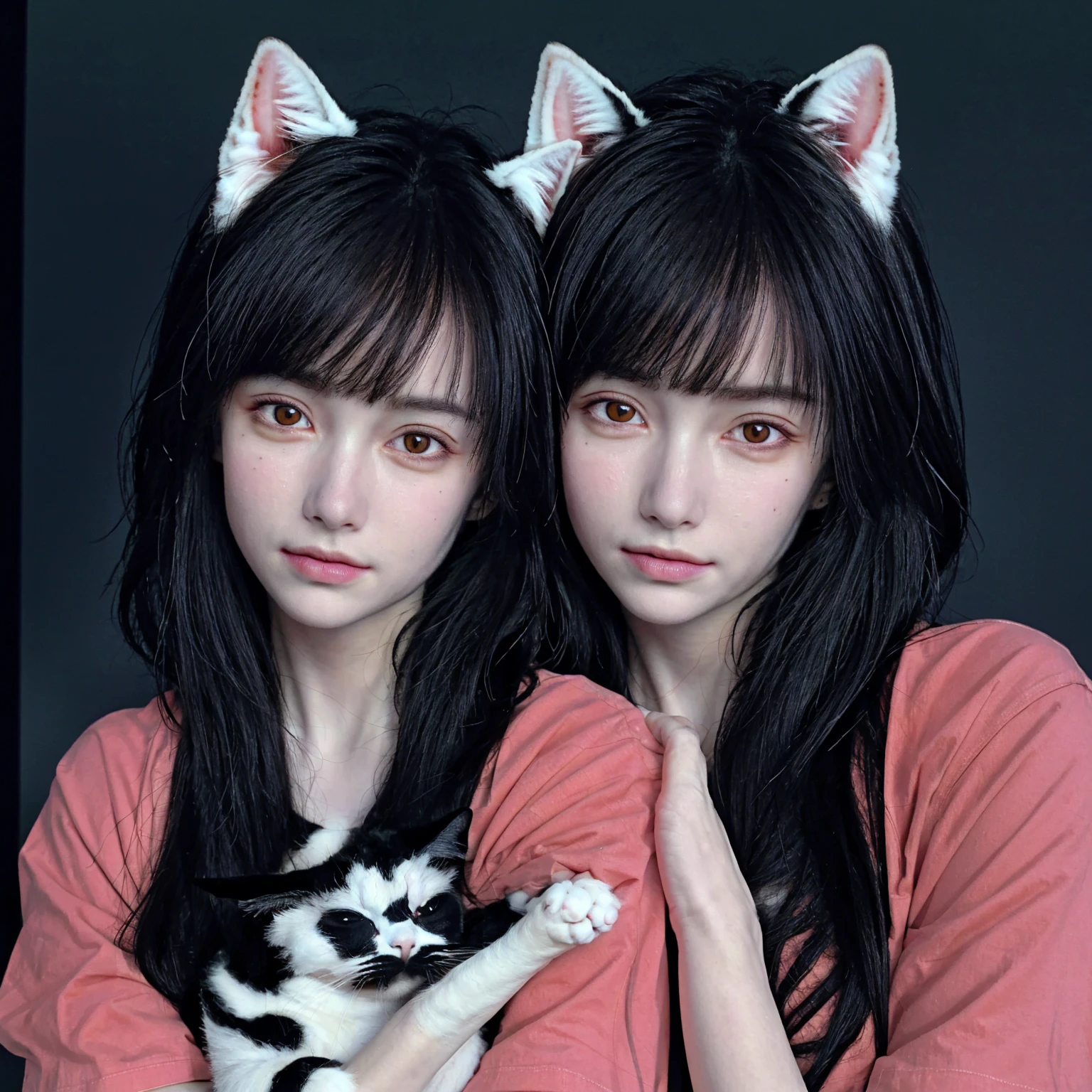 ((2persons, 2girls:1.2)), Best quality, masterpiece, ultra high res, raw photo, beautiful and aesthetic,deep shadow, dark theme,(photorealistic:1.4), ((long hair, cat ears, white shirt, sweater, cozy)), detailed background, outdoors, 
<lora:HugsLoraV1.0-000001:1> HugsAI