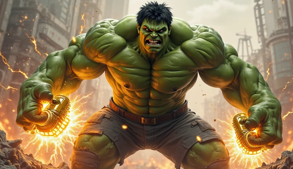 Create a green man, very strong with scar on his face, with an angry face, like the HULK, and put up a sign that says GAME DAY