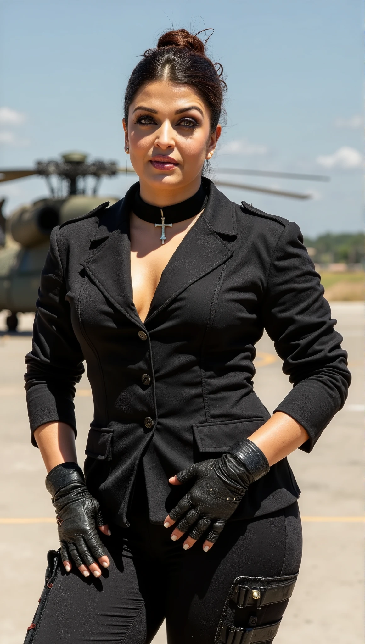 Full body photo of 50YO MATURE MILF AISHWARYA RAI as a SEXY ARMY MILF COMMANDO, WEARING FULL (((BLACK COMMANDO GEAR SHOWING MASSIVE CLEAVAGE AND MID RIFF))), ((((DARK SMOKY EYE MAKEUP WITH ARCHED EYEBROWS AND JESUS CROSS CHOKER IN NECK)))), COMBAT BOOTS, COMBAT GLOVES, KNEEPADS, CAMO PLATE CARRIER RIG, intricate details, POSING next to army helicopter in an airstrip, ((FLIRTATIOUS LUSTFUL SMIRK)), ((MESSY BUN TIED HAIR)), SUNNY day scene, MATURE HOURGLASS MILF FIGURE, look straight at camera, bright volumetric lights, intricate details, (ArtStation:1.2)