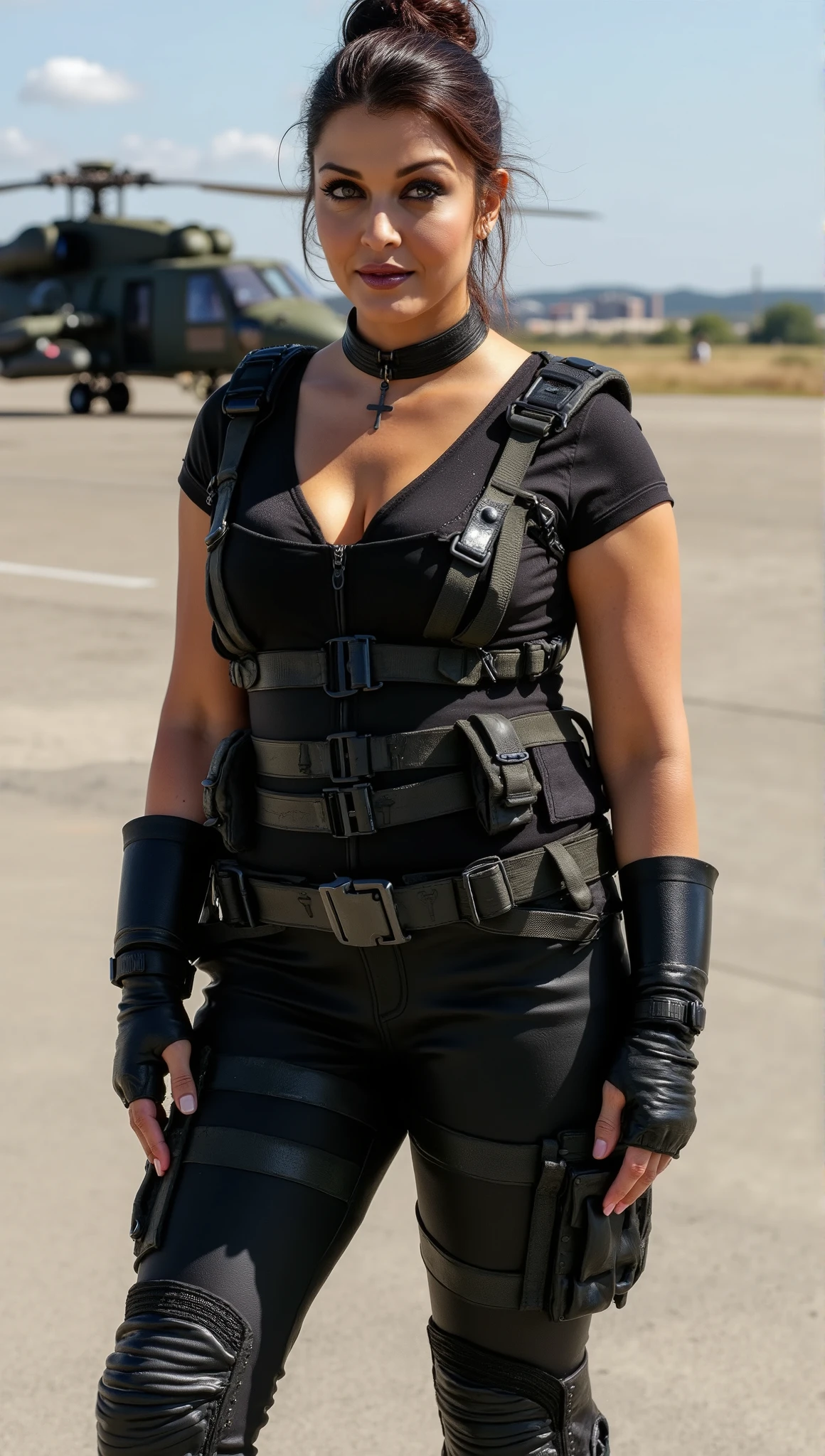 Full body photo of 50YO MATURE MILF AISHWARYA RAI as a SEXY ARMY MILF COMMANDO, WEARING FULL (((BLACK COMMANDO GEAR SHOWING MASSIVE CLEAVAGE AND MID RIFF))), ((((DARK SMOKY EYE MAKEUP WITH ARCHED EYEBROWS AND JESUS CROSS CHOKER IN NECK)))), COMBAT BOOTS, COMBAT GLOVES, KNEEPADS, CAMO PLATE CARRIER RIG, intricate details, POSING next to army helicopter in an airstrip, ((FLIRTATIOUS LUSTFUL SMIRK)), ((MESSY BUN TIED HAIR)), SUNNY day scene, MATURE HOURGLASS MILF FIGURE, look straight at camera, bright volumetric lights, intricate details, (ArtStation:1.2)