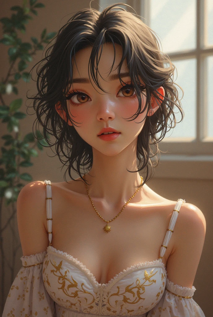 cute 16-year-old girl,A high resolution,tmasterpiece,gigantic cleavage breasts,Huge cleavage,huge areolas,Blushing girl,Soaked transparent clothes,Childlike big breasts,Wear only a layer of white transparent underwear,Pink tips,No coats,Cleanse fair cheeks,Clean and fair delicate body,Clothing that highlights the body,Point to the chest with a highlight,Rounded and smooth chest,Same protruding and areola on both sides