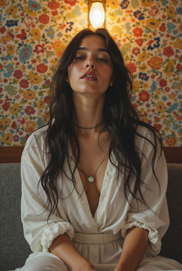 create a scene of a 31 yo woman, she's sitting comfortable on her floor facing towards camera, she has dark long hair , a shirt andwhite shorts, she's wearing a tasteful jade heart pendant and is looking to us to guide and comfort. interior inside her living room, modest apartment, comfortable, neutral lighting and cozy blankets, orchid patterned pillows on the floor with her. she sits cross-legged on her floor, hands and arms relaxed, on the wall behind her is a creative hand-made paper sign with letters: "r a e j a".,