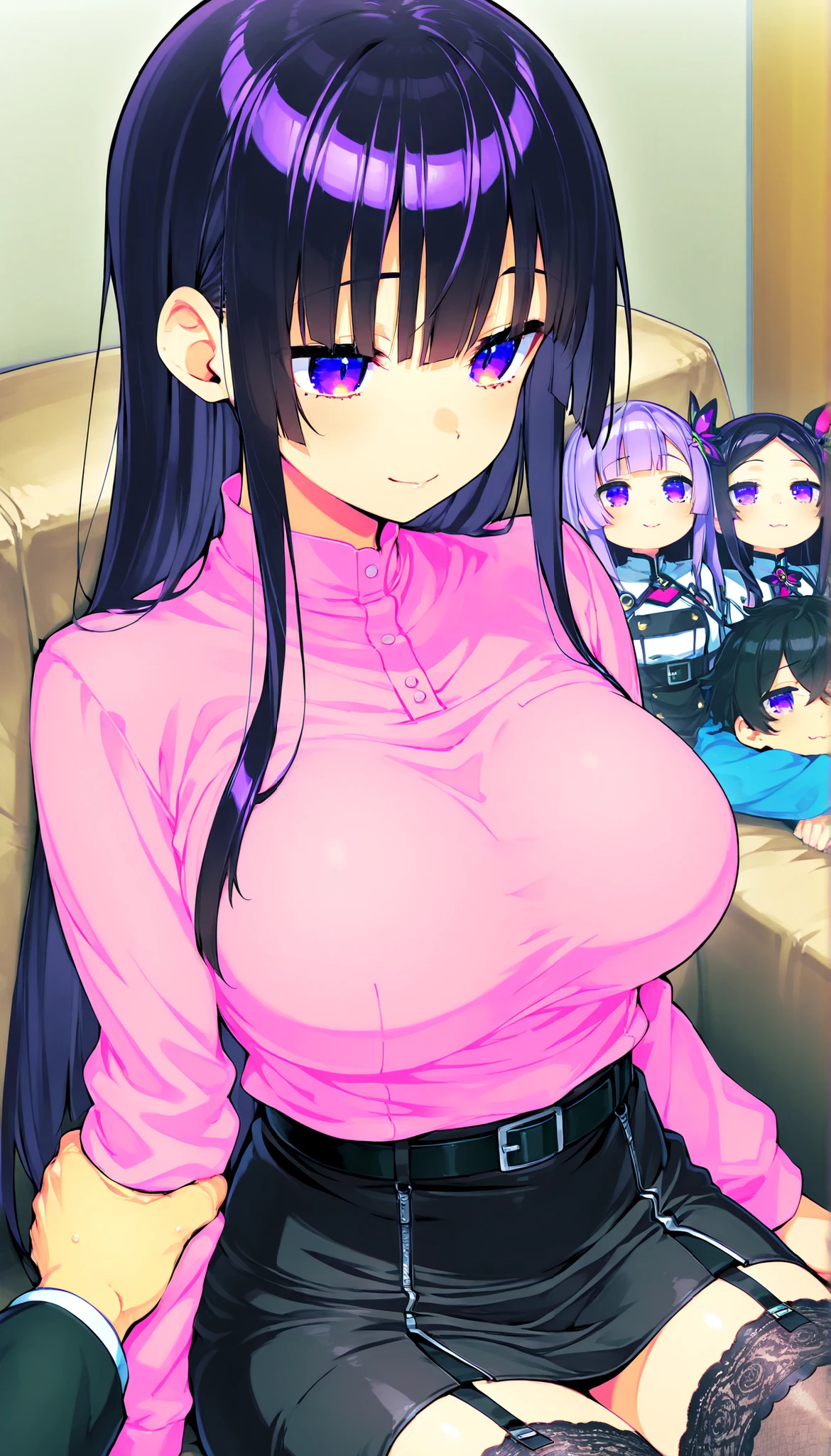 (((Long black Beautiful Hair))),blacks hair,kawai,(((Eyes visible from bangs,hair over eyes:1.3))),,Huge breasts,(Yellow color eyes),,(yellw slanted eyes),1girl in,bangs,longs black hair, (white background) (using dark red sweaters, sweater models, off-the-shoulder sweaters), ((Don't wear any pants because the bottom fabric of the sweater is long from the sides to the middle of the thigh)) the curve of her thighs is visible, ((long straight hair)),((The pose of the right hand above the chest, the pose of the left hand hanging down the fingers must be perfect)) (long sweater sleeve covers the back of the hand) image as per tag, Standing body position facing the left side, Bare thighs ,
hetero, fdom_sw, standing, big dick, handjob, girl sandwich, 4girls, eager girls, surprised scared 1boy, eyl_sub, eyeless, in an excited crowd, tank top, shorts, reach-around, groped and ravished by aroused women, grabbing another's clothes, shirt pull, undressing another, forced exposure, Expressiveh, BREAK score_9, score_8_up, score_7_up, rating_explicit, source_anime, ,futa , penis grab , grabbing , cum , penis grab , rubbing penis , blush , blushing