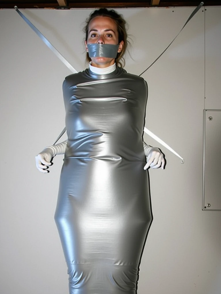 Mummification, Blindfold, Gagged with tape, (1 girl:1.4), (Locked in a warehouse), (Highly detailed CG Unity 8k), (Highest quality), (Very detailed), (Ultra-high resolution), (Tie your hands behind your back), (Wrap your head in white duct tape:1.4), (Surround the eyes with white duct tape:1.5), (White duct tape wrapped around the mouth:1.4), (Blindfold around with white duct tape:1.4), (Wrap your face in white duct tape:1.4), (From head to toe, wrap them in white duct tape to make a Mummification:1.5), (Mummy girl sitting in a wheelchair:1.4),