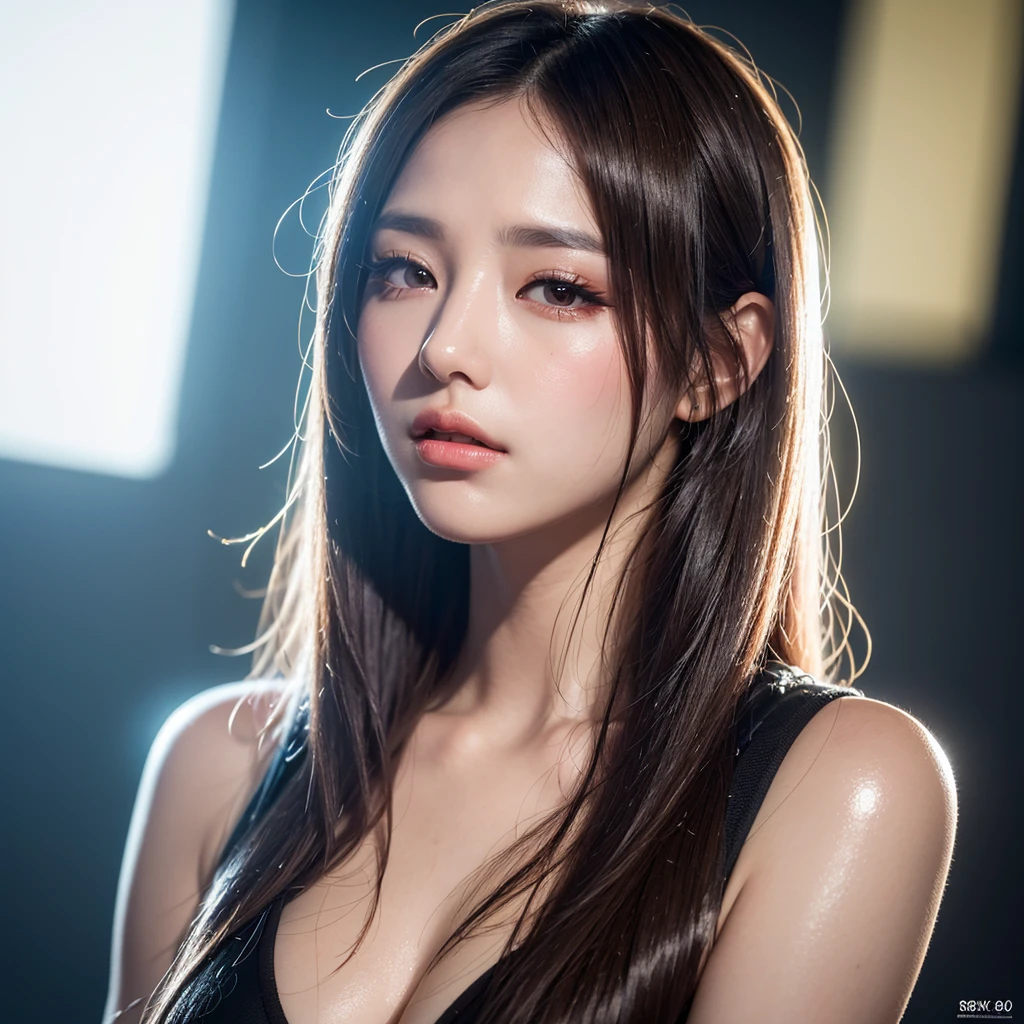 best quality, ultra high res, (photorealistic:1.4), 1girl, off-shoulder white shirt, black skirt, black choker, (faded ash gray hair:1), (huge breasts:1.2), looking at viewer, closeup ,
