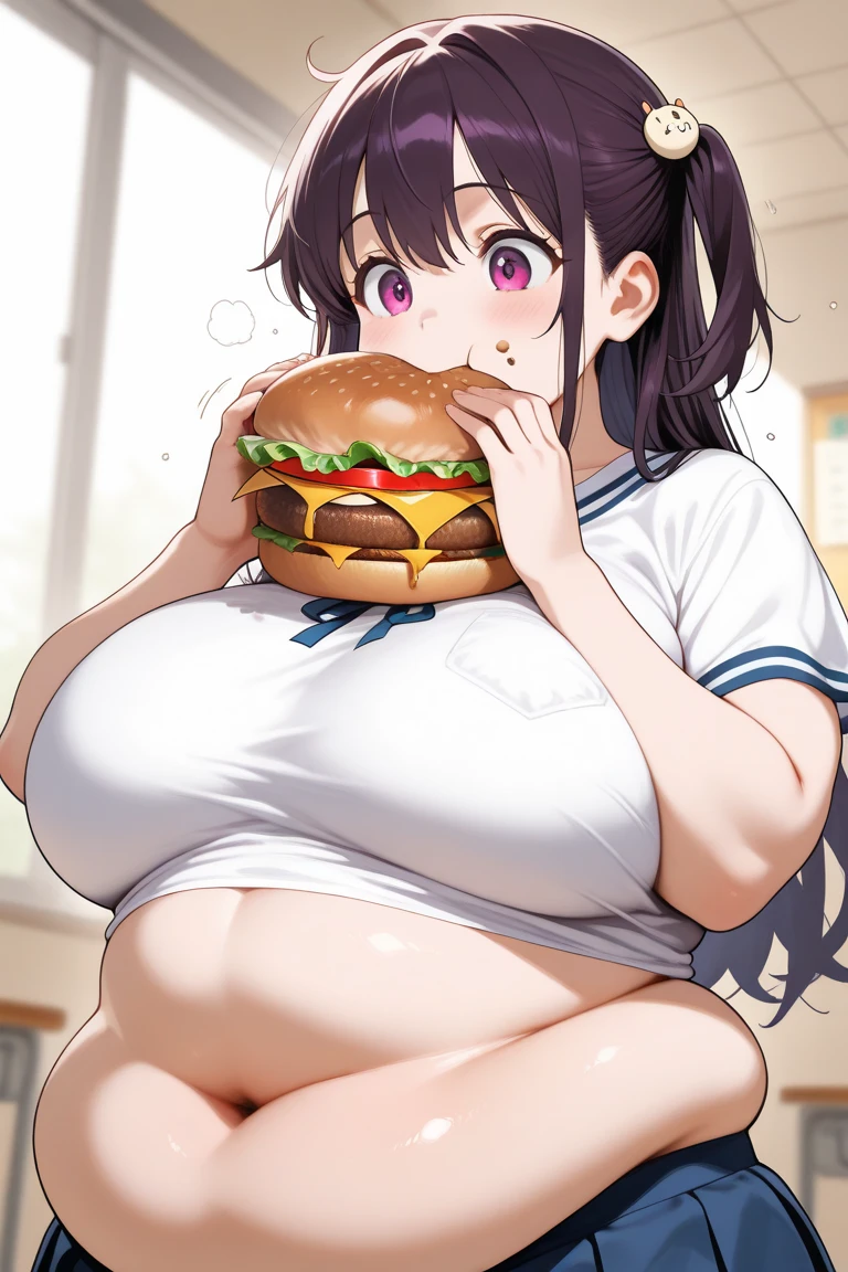 ((high resolution)), Masterpiece, high quality, Best Quality, beautiful, perfect lighting, detailed face, ultra cute face, looking at the viewer, on a date, ((blush)), loving smile, (whole body), ((1 girl)), ((Alone)), Brown hair, spongy fur, green eyes, Cowboys, crop top, tight clothes, fast food restaurant, medium breasts, neckline, Wide hips, ((thick thighs)), ((chubby)), chubby belly, standing, arms behind the back, table full of food, naked.