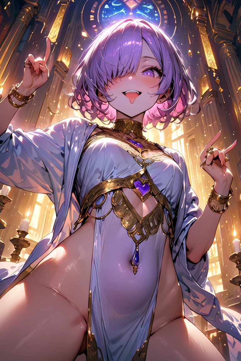 1girl, inverted bob haircut, pink hair inside and purple hair outside, interior of hair pink, exterior of hair purple, bright_hair_color, slightly tan skin, seductive_eyes, mysterious_expression, goddes_outfit, sexy_goddes_dress, elegent_headdress_jewelry, head_dress emanating evil red aura, elegant_jewelry, casting magic symbols, intricate_embellishments, magic_symbols, glowing_accessories, cute_accents, cosmic background, busty, big ass, wide hips, anime style, masterpiece, magical background, evil, corrupt goddess, yandere, evil eyes, evil dark aura, slight evil grin,