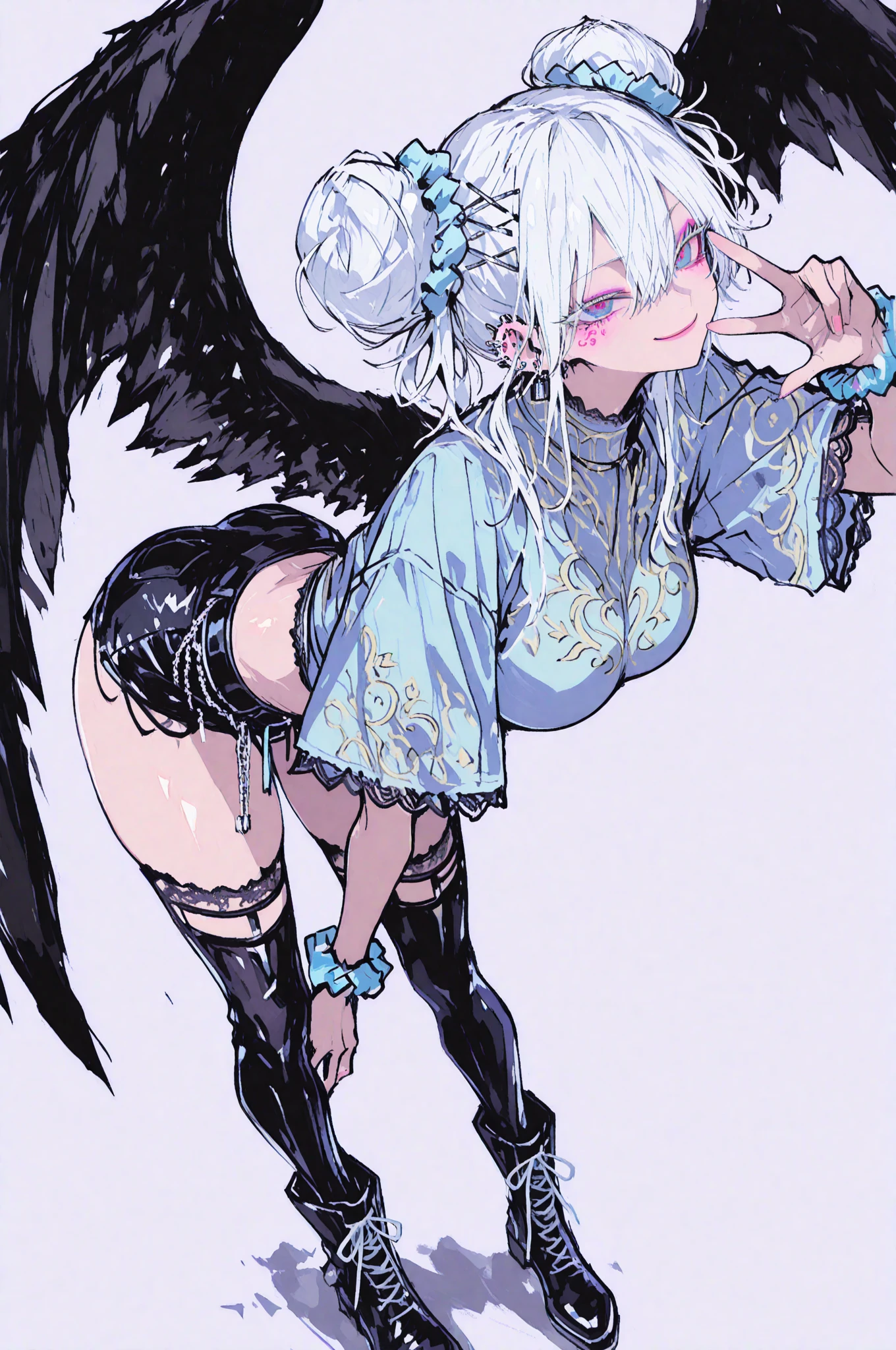 ((see-through and shirt:1.4)),
BREAK,
(masterpiece), best quality, (detailed eyes), long legs, eyeliner, full body,
BREAK,
Dragonewt, (gold dragon horns), small breast:1.3,
BREAK,
Pixie white hair, closed eyes,
BREAK,
((leather skirt)), skirt lift, upskirt, thong, cameltoe
BREAK,
black stockings, lace trim, suspender,
BREAK,
see-through and shirt,
BREAK,
gold heels,
BREAK,