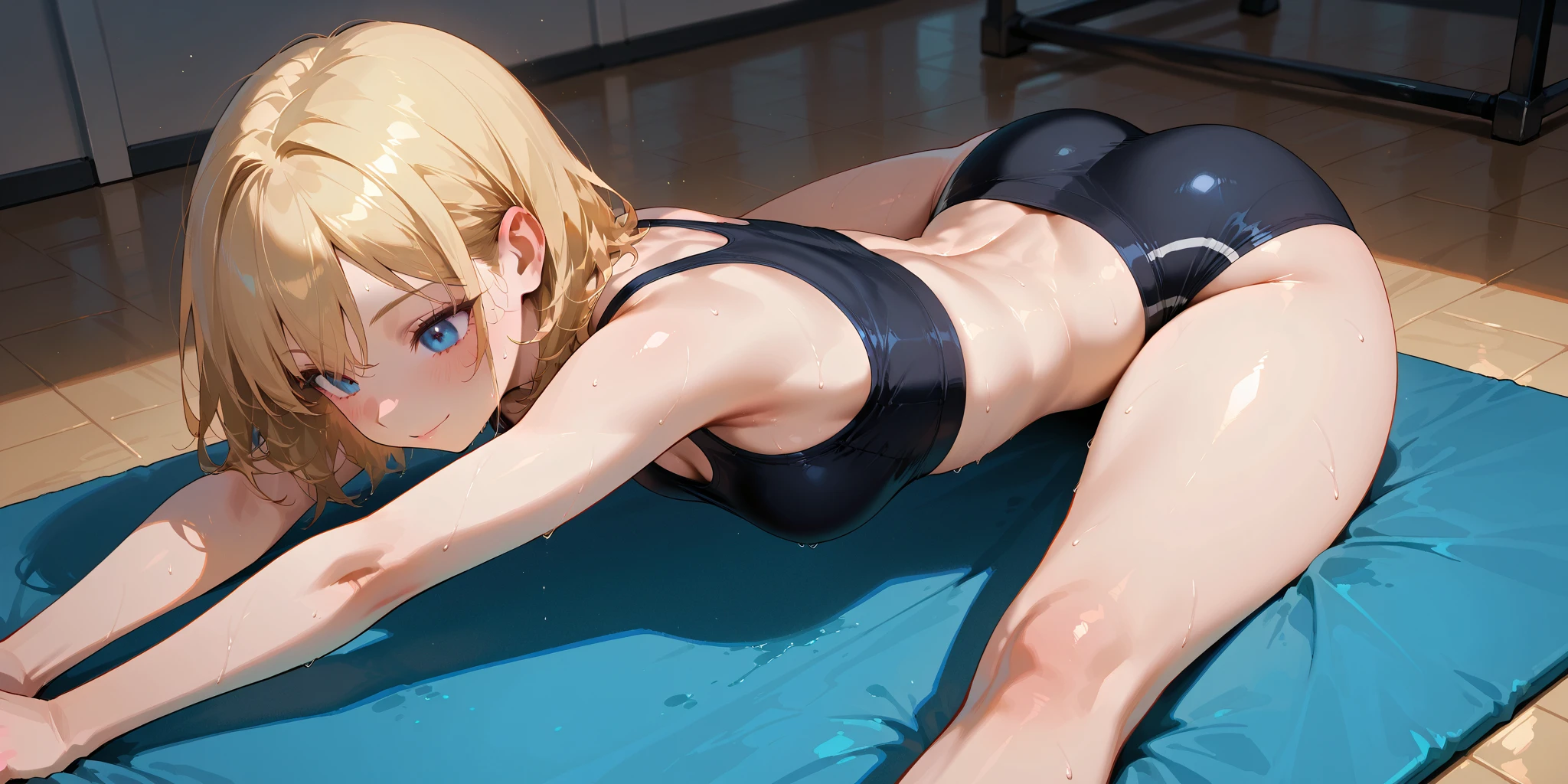 da,bare leg,bare feet,red slingshot swimsuit,wet,o-ring,small breast,full body,solo,dark blue eyes,one girl,medium hair,blonde ,muscle,small breast,indoor,grey backgrpund, strong light and shadow contrast ,crying,tears,pissing,a blonde girl being tortured by electric shock,pantyhose,bondage,machine,iron,bondage,bdsm, tied,tied up