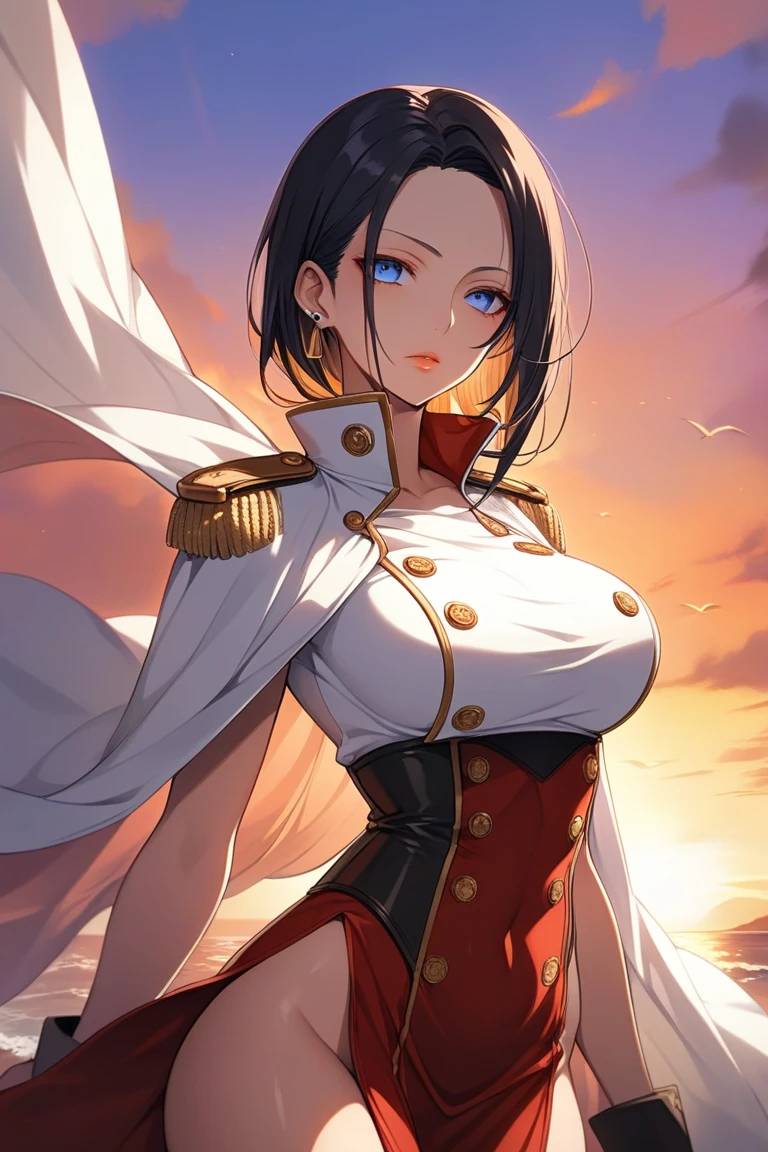 (masterpiece, best quality, RAW photo, intricate details) portrait, head and shoulders, 1girl / Atago / medium dark hair, blues eyes, cat ears, large breasts, curvaceous body, (wearing admirals uniform, wearing white trousers), seaport background, blue sky, Azur lane, catgirl, admiralty, medals, academy, military, marine