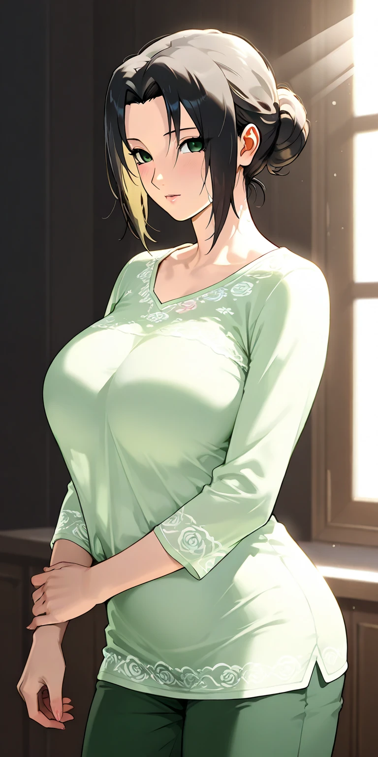 beautiful girl, circle shaped face, big breasts, cleavages, thigh, round face, black hair, eyeglass, chignon style hair, full sleeve green clothes, large open neckline, white apron, long skirt, black eyes, school room, standing on a garden