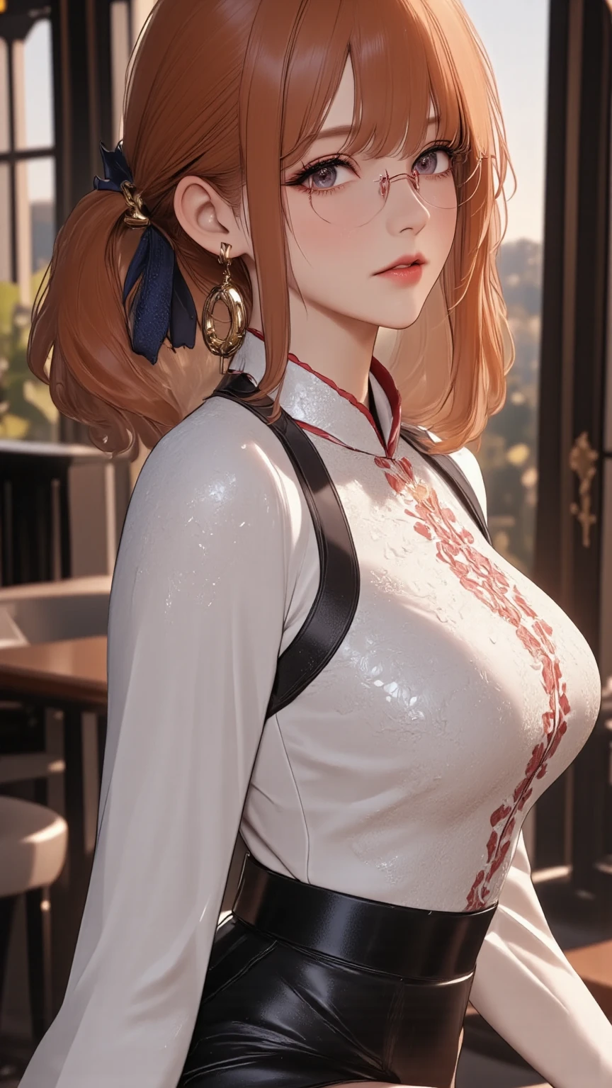 super realistic images, ginger teenager girl, cute face, An ennui look、french braid、ash gray hair、green eyes, a little freckled, doing yoga, three line sweatshirt、I can see your belly button、often play sports、Jacket, highest quality、ultra high resolution、masterpiece:1.5、portrait skinny