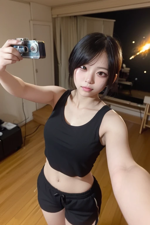 (((photo realistic))),((raw photo)),pixie cut hair,black T-shirt,denim mini skirt,analog rough photo of a Beautiful 14 year old Japanese female,(in the simple room),((flat chest)),((almond eyes)),highly detailed face,close legs,selfie from below, A photo with very low contrast,blurry background