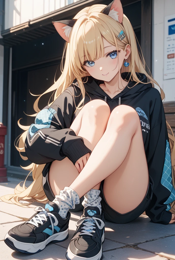 one girl, realistic face, Vagina, White sneakers, blonde hair, blue eyes(Looking down), ponytail, high quality full black hoodie, sity streat, sad, in full growth, stand, without pants, Feet shoulder width apart, anime, from below, Foot-Level Shot, masterpiece, anatomically correct, high details, high quality