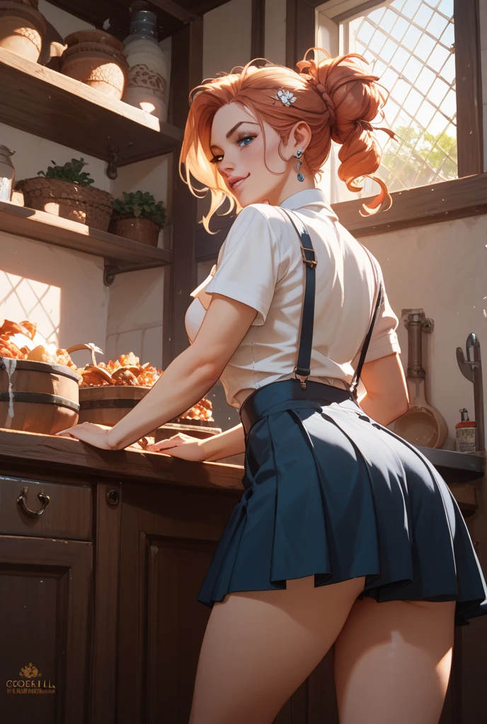 (8k, RAW photo, top quality, masterpiece: 1.2), (realistic, photorealistic: 1.37), 1 girl, professional lighting, photon mapping, radiosity, Korean dolls, school uniforms, blondes, thigh socks, gloves, skirt, sweater vest, white neeso, white gloves, +_+, elbow gloves, pleated skirt, short sleeves (red high heels: 1.0), big earrings, thighs, fine collarbone, soft navel, soft abdomen, soft back, angle from below, sweaty, beautiful breasts, blush, (buttocks: 1.6), buttocks, girl showing ass, short cut, curly hair, golden hair, golden, buttocks up, buttocks are wet garter belt, upper body leather jacket, leather boots, no pants, no pants