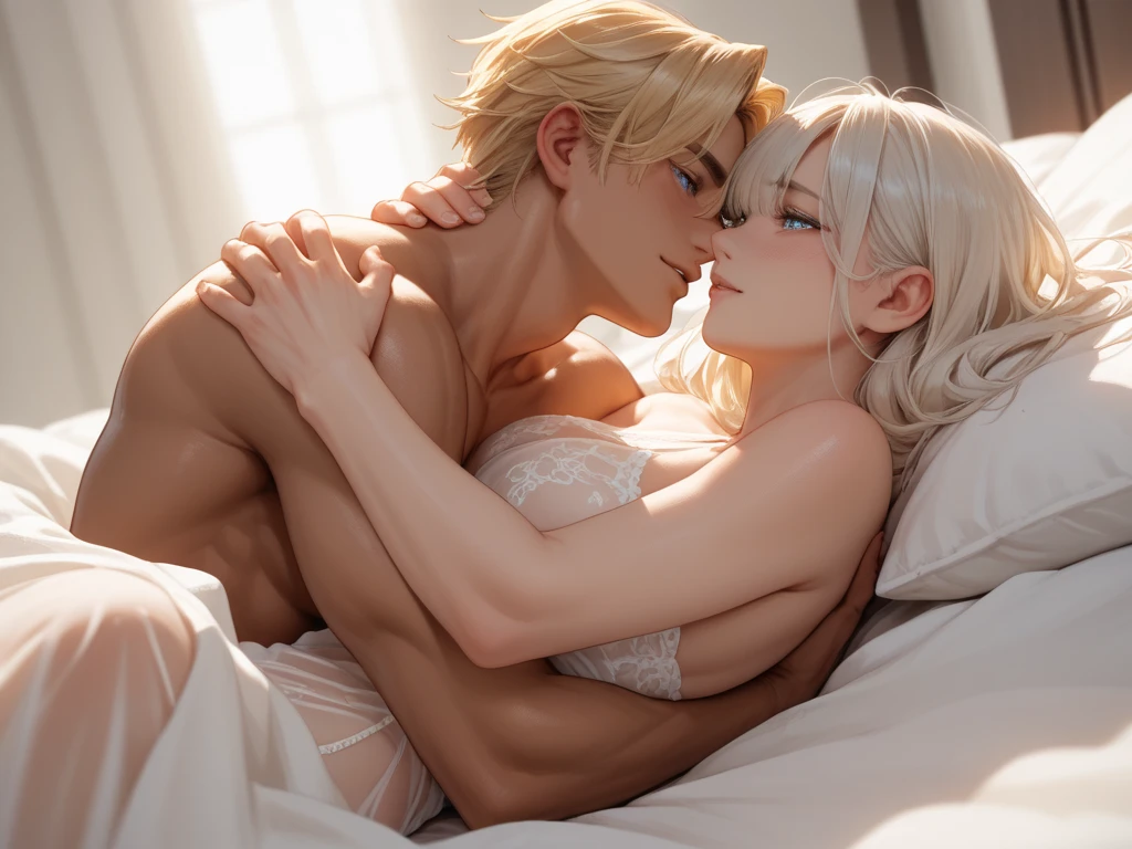 (full-body view), ((girl and man)), ((dark fantasy)),((handsome boy grabbing girls ass)), ((girl riding on a man)), erotic posing,Gothic background, Dark fantastic view,Best Quality,masutepiece,8K,The ultimate detailed dark background, Top image quality、RAW photography、超A high resolution,cropped shoulders, overall look is very erotic, model shoot, round chest, Beautiful Eyes of Details、Very slender eyes、Beautiful eyelashes、Very slim physique, with blush cheeks, bedroom background