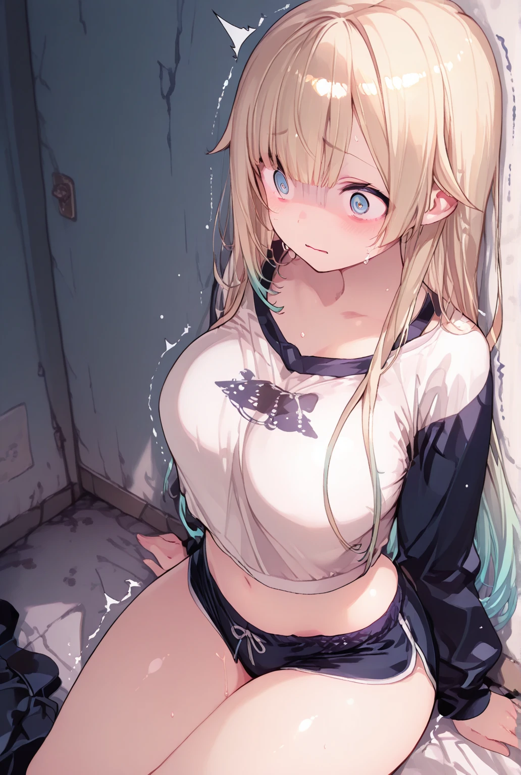 Highest quality, Super detailed, masterpiece, Ultra-high resolution, 8k, High Contrast, Cowboy Shooting, Embarrassing, blush, Lovely, With tears in her eyes and her mouth open, drooling, wet, soaked, arms behind head, wariza, [1girl, rebecca bluegarden, eden's zero], medium breasts, (off shoulder school uniform), (cleavage cut out), crop top navel, Waistline, (Shower room, I take a shower), from above