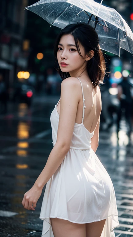 (((best quality))),(((ultra detailed))),(((masterpiece))),illustration,1girl, young,solo, slim,thin,short ponytail,((bare back,towering hips,butt crack)),strapless white tank top,shorts,standing,rainy night, heavy rain, drenched clothes, melancholy expression, solitude, tear rolling down cheek, wet hair, empty streets, dimly lit, deserted environment, sound of rain, footsteps, symbol of hope, abandoned, resilience, determination, walking in rain, heartbreak, loss, love fading, loneliness, body language, facial expression, dreary atmosphere, rain-soaked streets, somber mood, viewer engagement,((upper body,from back)),urban scape