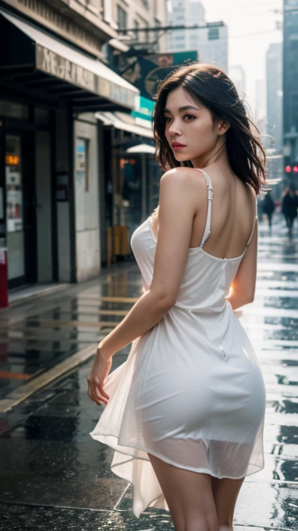(((best quality))),(((ultra detailed))),(((masterpiece))),illustration,1girl, young,solo, slim,thin,short ponytail,((bare back,towering hips,butt crack)),strapless white tank top,shorts,standing,rainy night, heavy rain, drenched clothes, melancholy expression, solitude, tear rolling down cheek, wet hair, empty streets, dimly lit, deserted environment, sound of rain, footsteps, symbol of hope, abandoned, resilience, determination, walking in rain, heartbreak, loss, love fading, loneliness, body language, facial expression, dreary atmosphere, rain-soaked streets, somber mood, viewer engagement,((upper body,from back)),urban scape