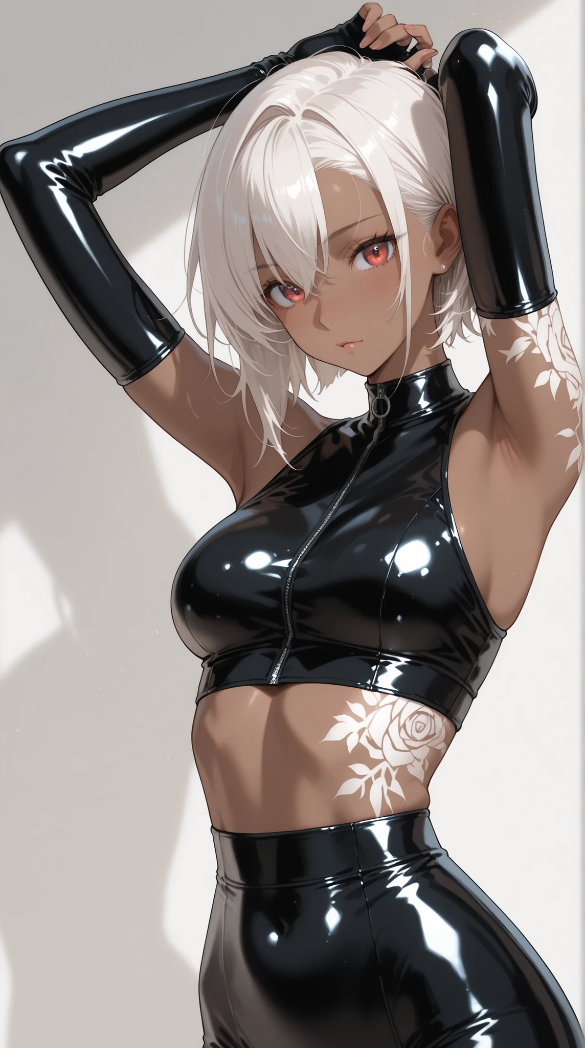 a seductive young girl,1girl,wearing a crop top and hot pants,detailed nipple outline, short white hairt,15 year old,cute,sexy,highly detailed,realistic,photorealistic,HDR,8k,masterpiece,beautiful detailed eyes,beautiful detailed lips,extremely detailed face,long eyelashes,dynamic pose,cinematic lighting,warm color tones
