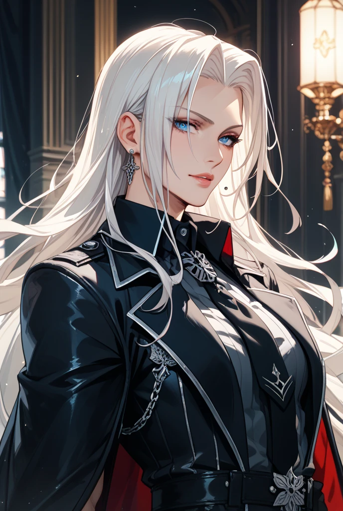 (absurdres, highres, ultra detailed), 1man, 30 years old man, adult man, handsome, tall,, finely detailed eyes and detailed face, leather pants, (((open chest))), (((underbust corset))), night, smile, dutch angle, ((long hair, white hair)), gold details, gothic, vampire, vampire prince, dark, simple clothes, looking at the view, tan skin, detailed eyes, (masculine), sexy, elegant, long bangs, detailed hands, (((gray eyes))), corset, red lock in the bangs, flirt,