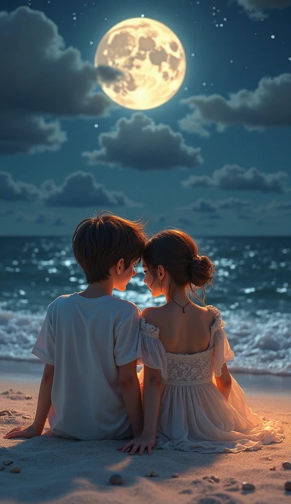 A handsome big boy is sitting with a beautiful big girl on a seashore, and looking at the moon on a moonlit night. Romantic