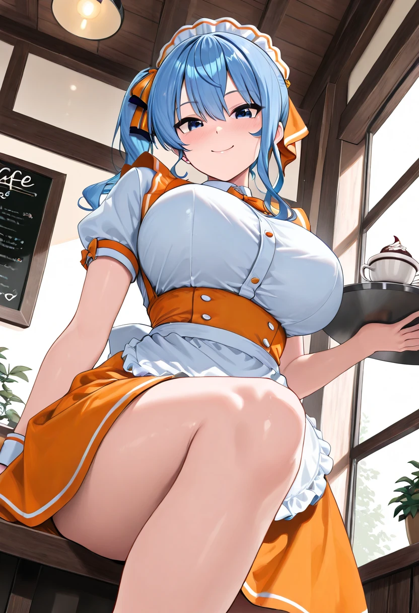 1girl, long shoulder-length hair, light blue hair, kitchen apron, , boobs, tits, thighs, smiling, happy, blush, kitchen, glowing, sidelighting, wallpaper