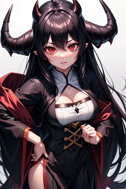 A gaunt woman with curved goat-like horns, long black straight hair, orange eyes with square pupils, a sad and weary expression, big dark burn mark over her face, pale skin, medieval style, 8k, ultra-detailed cinematic lighting, intricate details, dramatic lighting, muted color palette, moody atmosphere, fantasy, dark fantasy, concept art