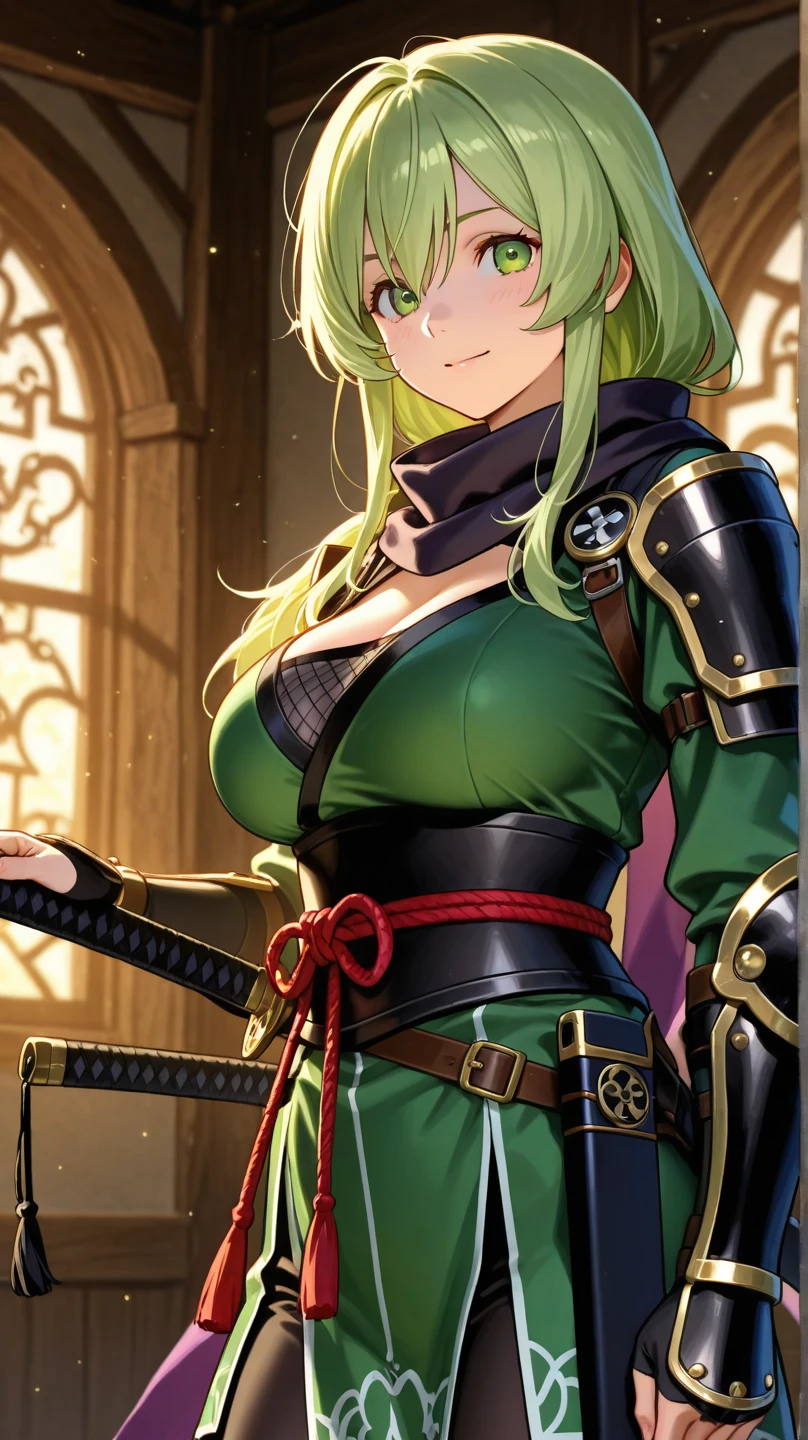 Extremely beautiful girl, green hair, long hair, bright green eyes, Green high school girl uniform, huge breasts, Tugging a guy's arm seductively, good quality, masterpiece, Beautiful eyes, Detailed eyes, Big eyes, Visual novel game style