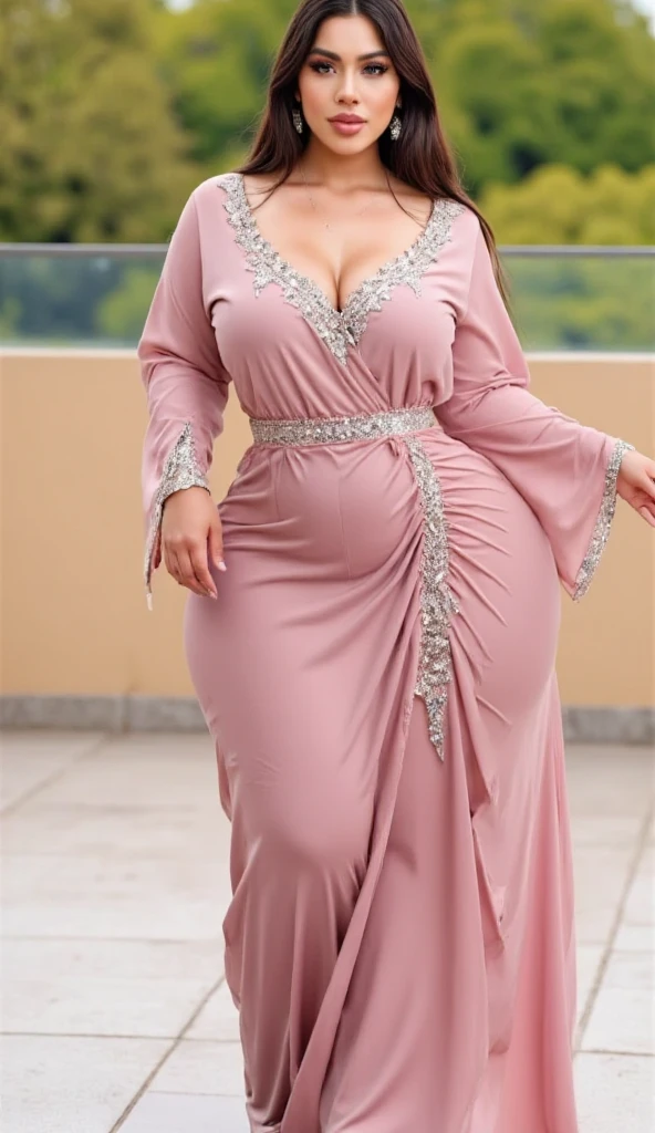 (realistic:1.3), insane detailed, quality, (masterpiece:1.2), (photorealistic:1.2), (best quality), (detailed skin:1.3), (intricate details),, woman, portrait of java wedding woman in pink long kebaya dress traditional, red lipstick, golden necklace, earrings, ornate, detail, flowers, street background, soft focus, Breast cleavage, detail, slim body, (((full body))), eyes on camera, face on camera,pin heels,(cute face:1.15),(huge breasts:1.2)