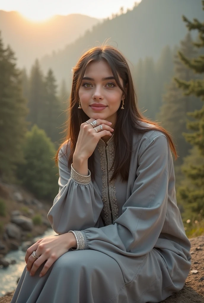 (Name:Shirin Rakhimova ), Tied Hair, Pretty, Perfect Face, Detailed Eyes, Beautiful lips, Country Girl, Beautiful Mountain Background Sweden, Young 18 Year old, Nice Pose, Happy, Half Body, 4k Nikon Camera